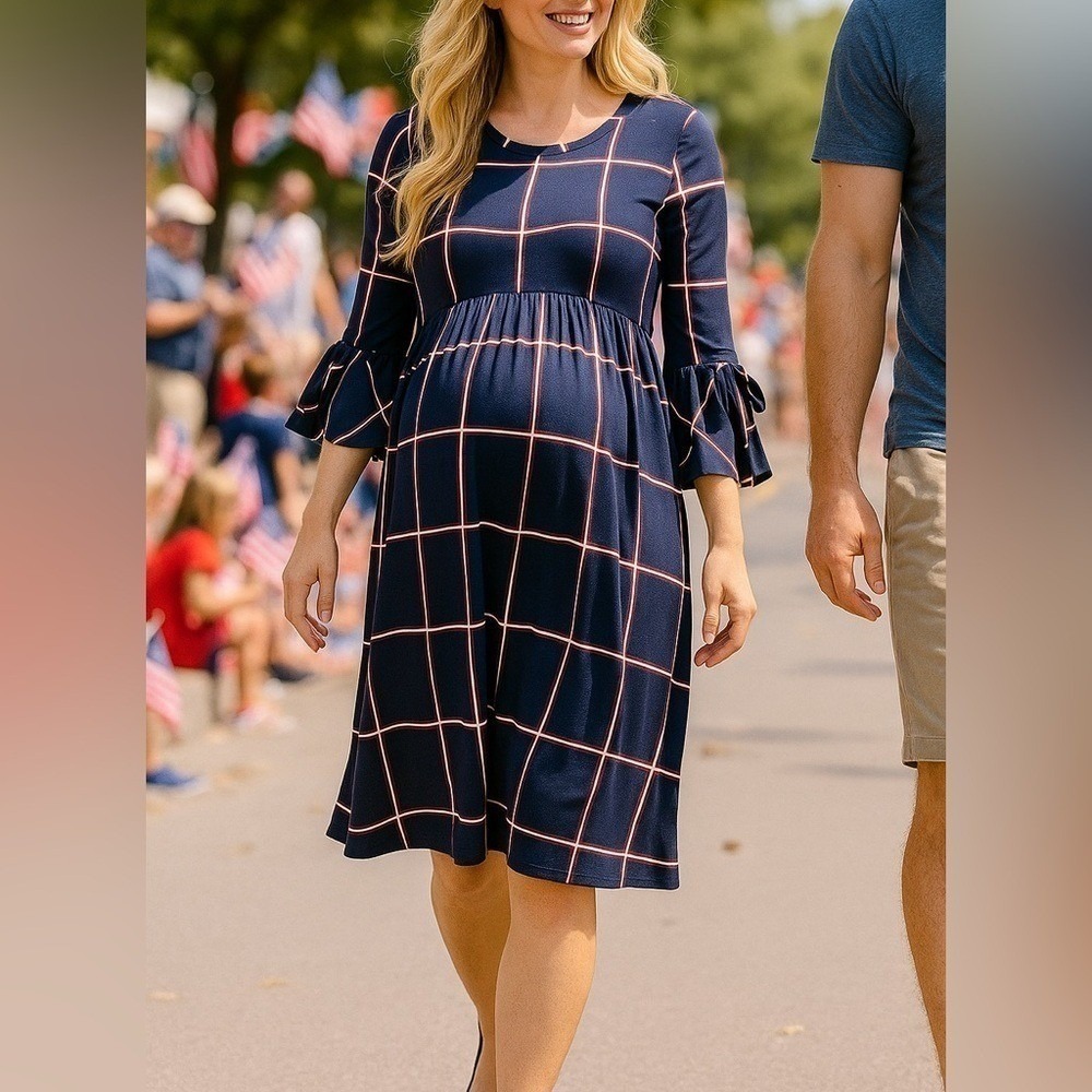 Mom & Company Blue/Red/White Maternity Dress w/ Bell Sleeves NWT